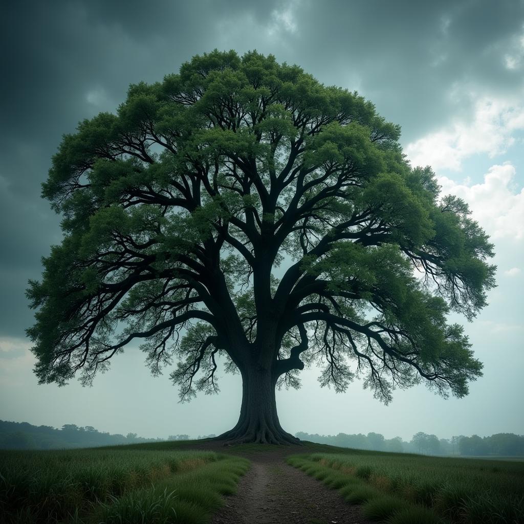 A strong oak tree weathering a storm