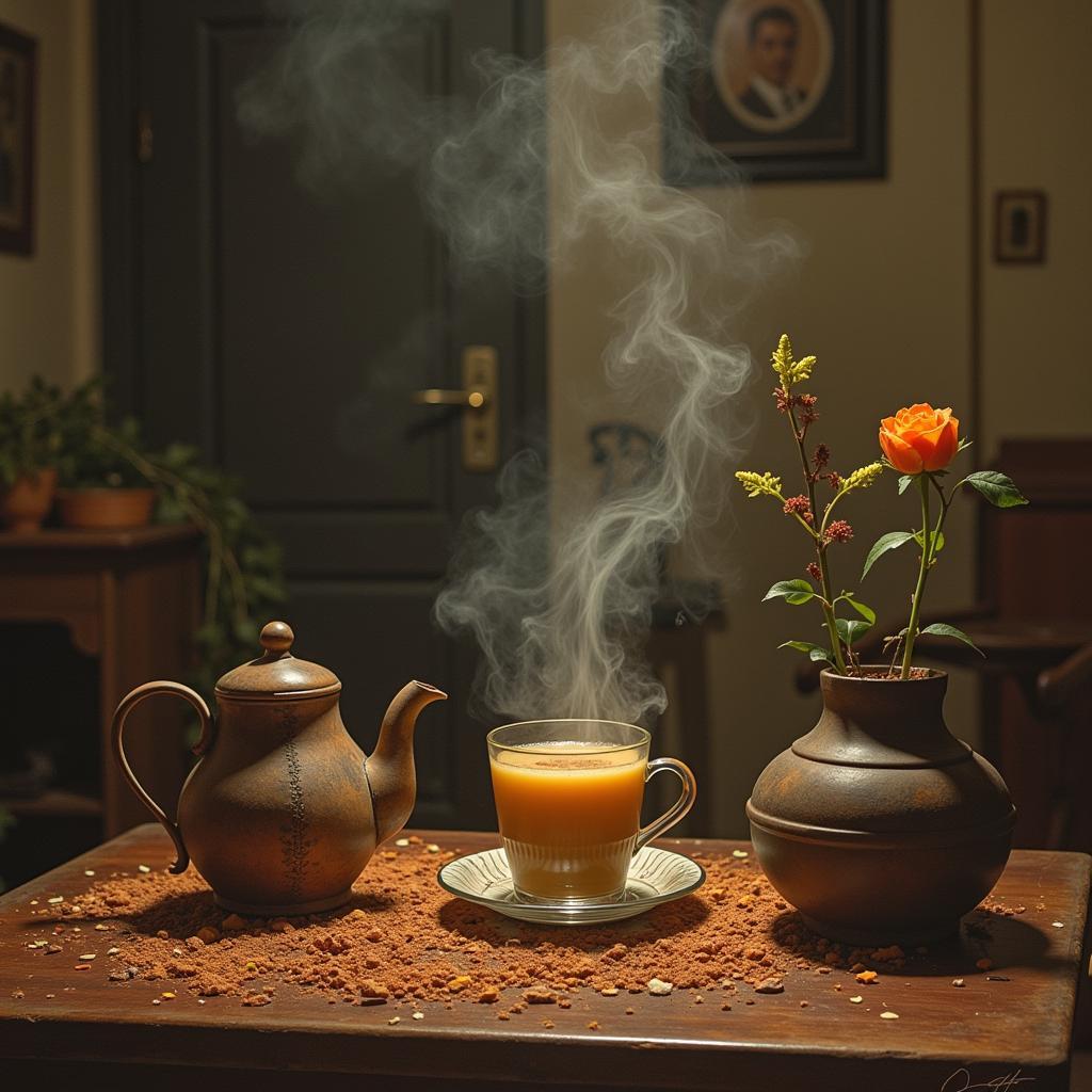 A solitary figure sipping chai in the rain, with Urdu shayari about sadness overlaid.