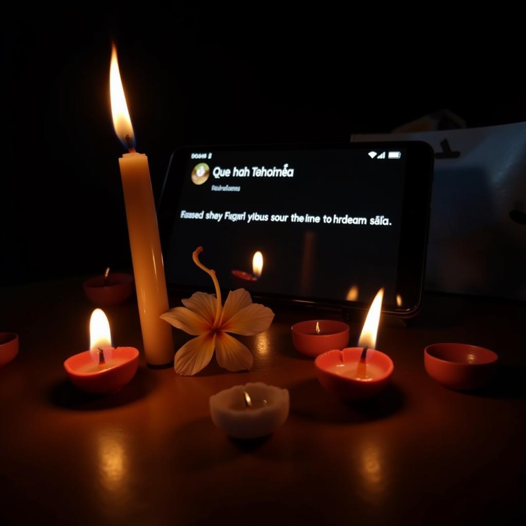 Memorial candles with a sad death status displayed on a phone in the background.