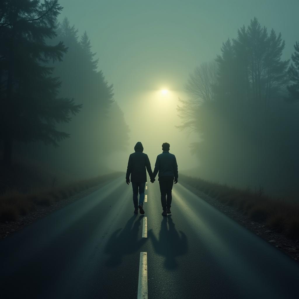 Friends drifting apart, symbolized by two figures walking away from each other on a foggy road.