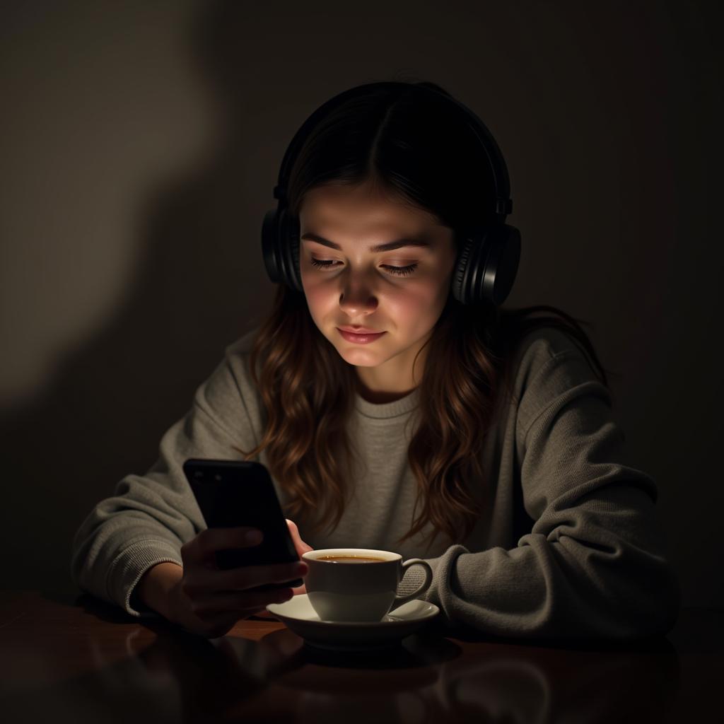 Young woman finding comfort in sad music with headphones