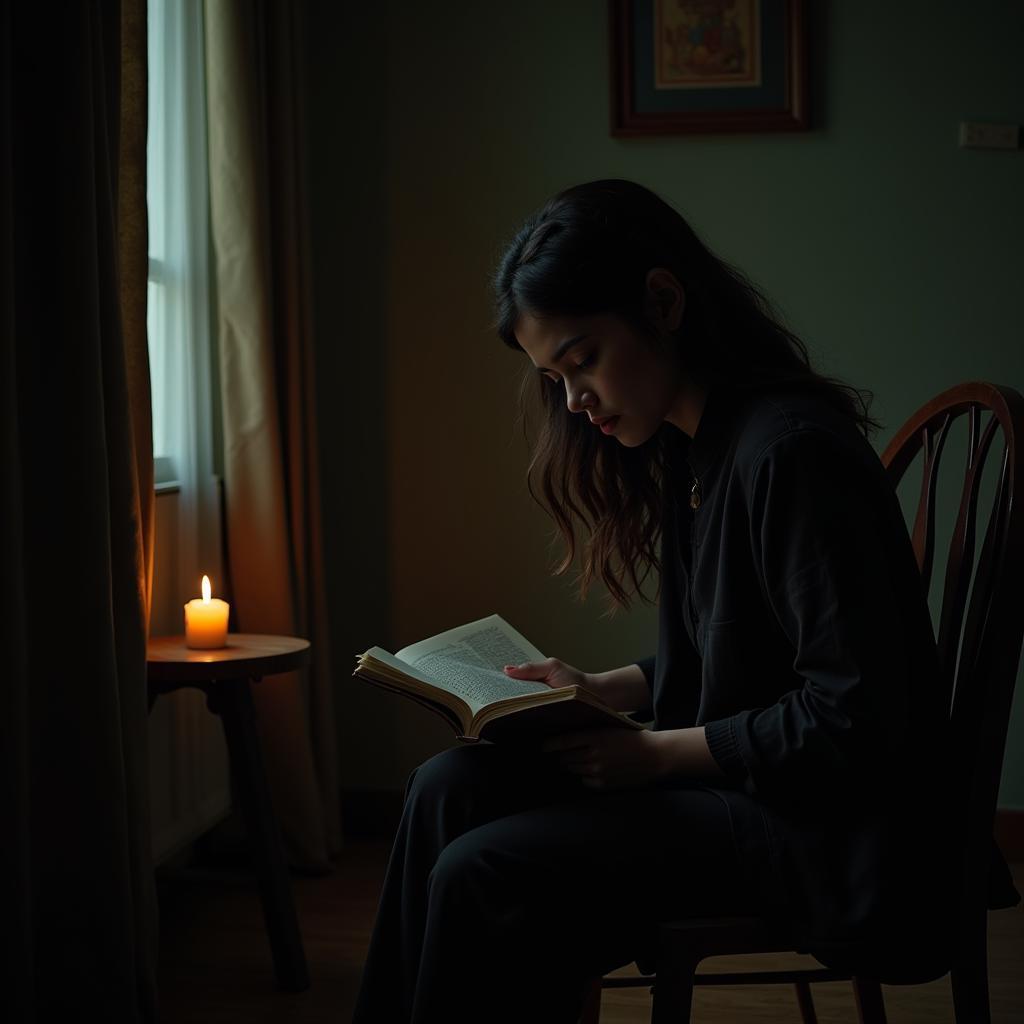 Woman reading sad Hindi poetry alone