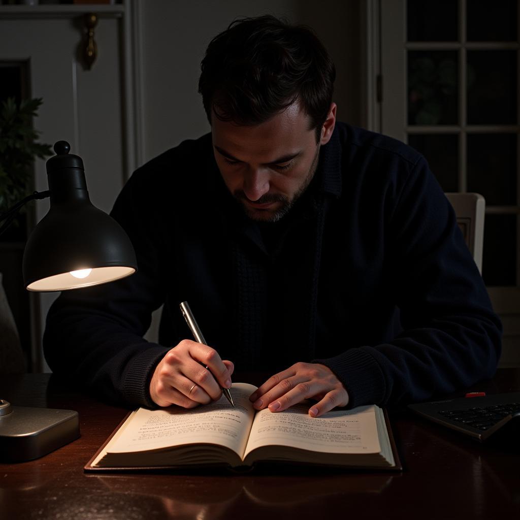 A man writing sad love poetry in a dimly lit room