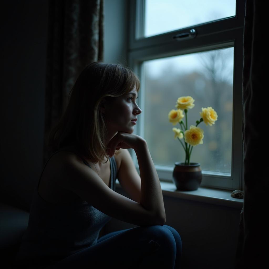 A girl looks pensively out a window, possibly reflecting on a sad love status.