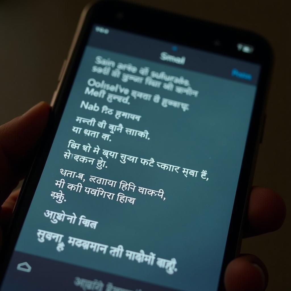 A phone screen displays sad mood quotes in Hindi against a blurred background.