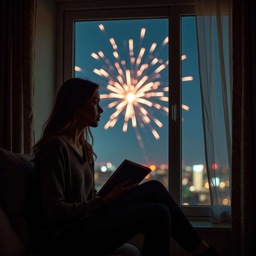 A pensive woman looking out a window during New Year's Eve, reflecting on the past year.