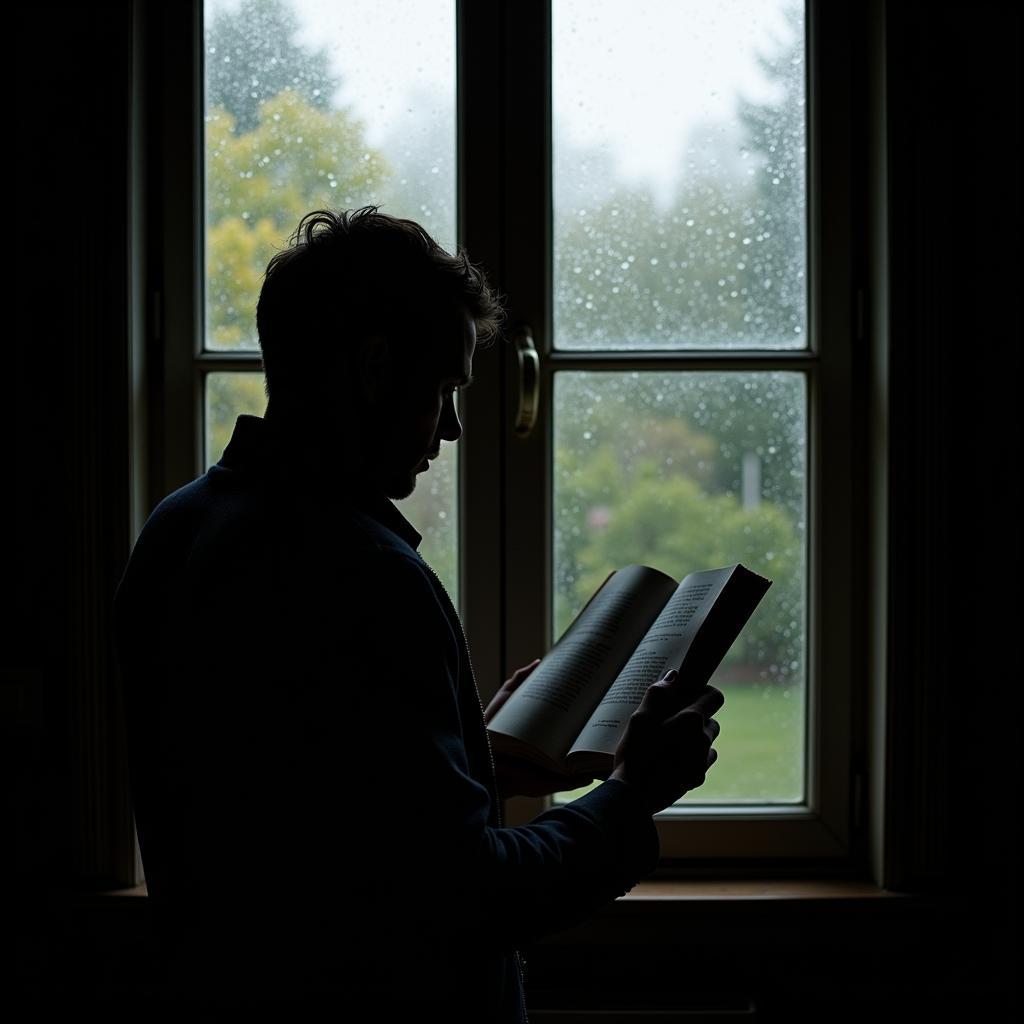 A lone man sits by a window, gazing out at the rain, a book of poetry in his lap