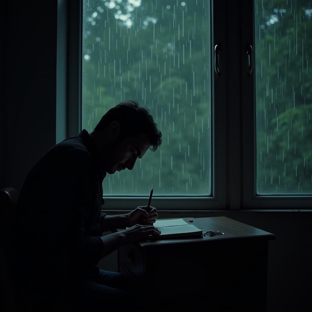 A man writes sad poetry in Hindi, his face etched with sorrow, as rain falls outside his window.