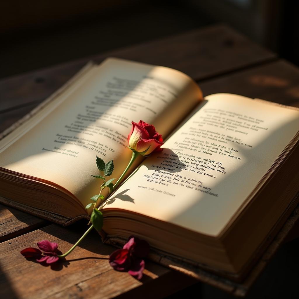 An open book of sad poetry in Hindi rests on a table, a single dried flower marking a poignant passage.