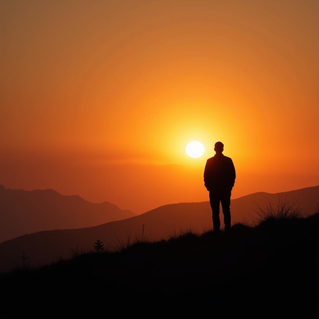 Silhouette of a man looking at the setting sun