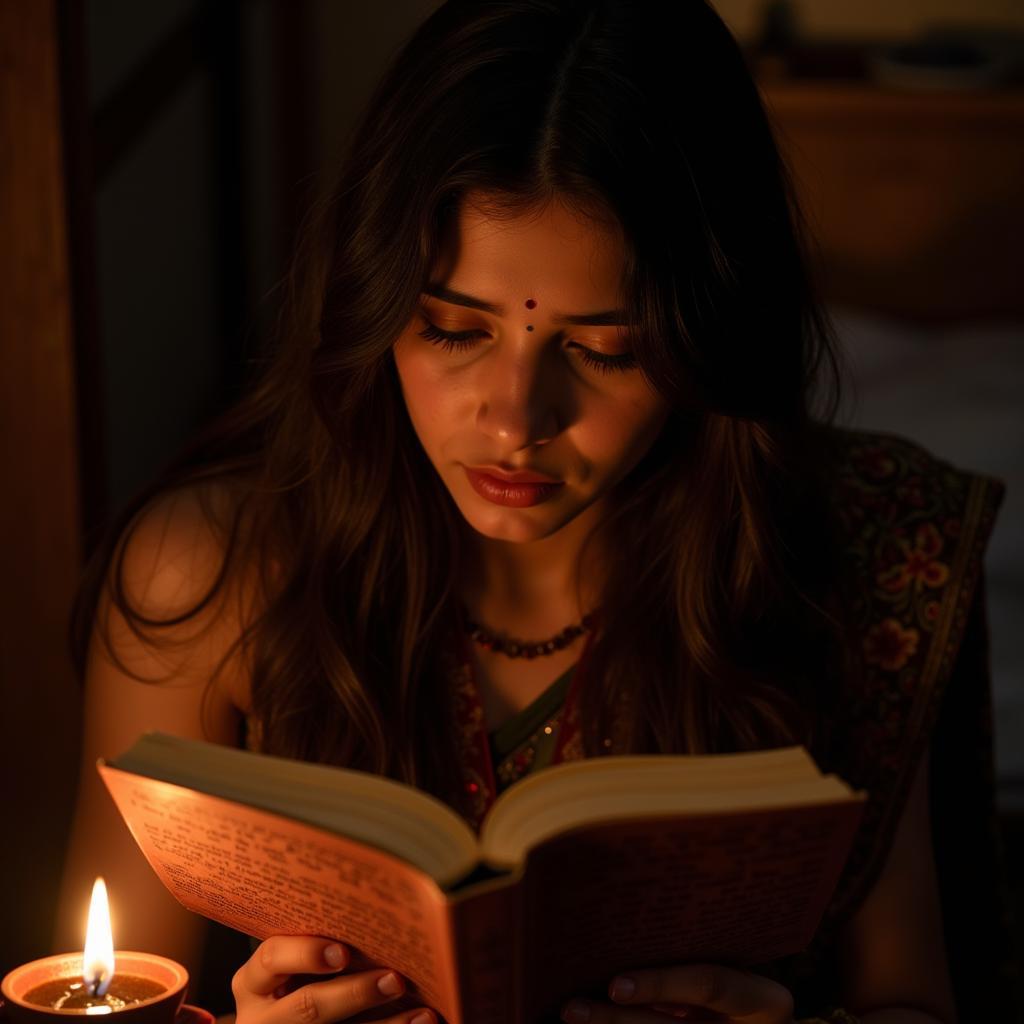 A woman sheds tears as she reads sad poetry in Hindi, illuminated by the soft glow of a lamp.