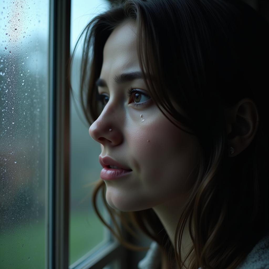 A woman looking out a window at the rain, lost in thought, a single tear rolling down her cheek