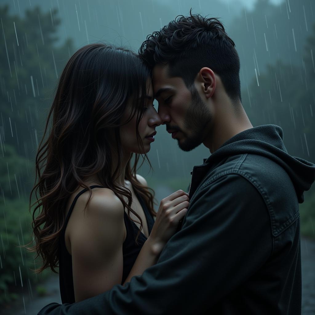 Sad Romantic Shayari: A Couple Embracing in the Rain, Expressing the Pain of Separation