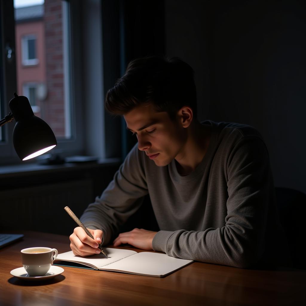 A young man sits alone in a dimly lit room, writing in a diary with a melancholic expression. A half-empty cup of tea sits beside him.