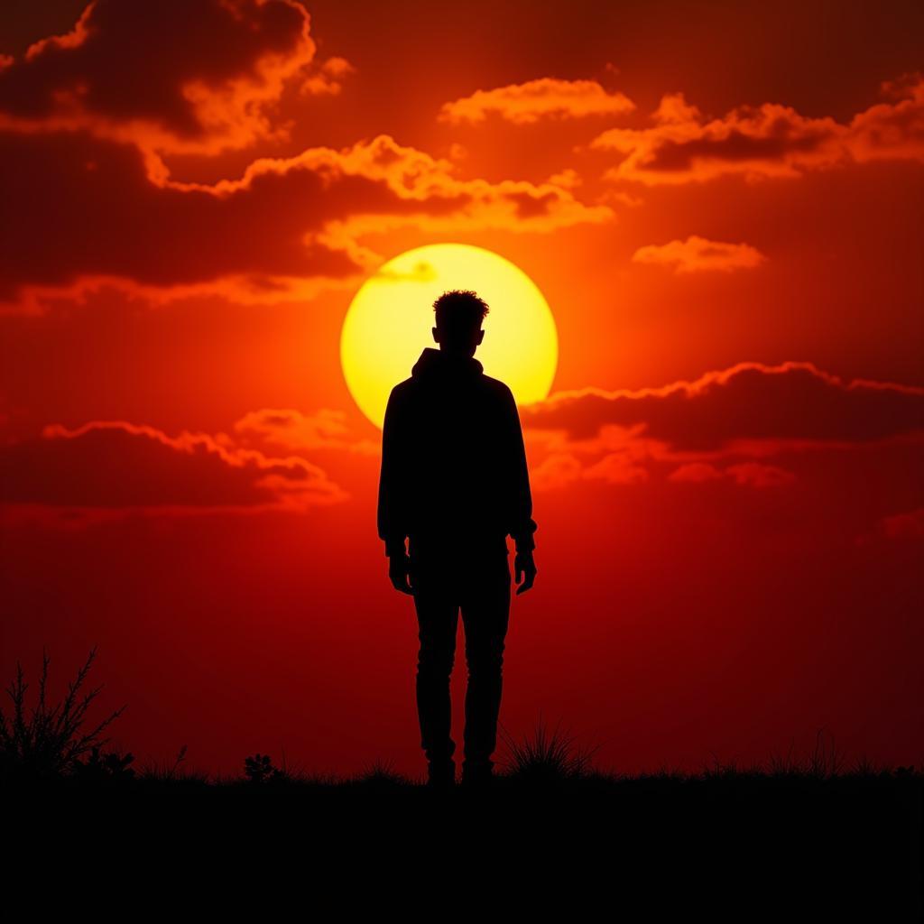 Image of a solitary figure against a sunset backdrop, reflecting the themes of loneliness and sadness often found in shayari.