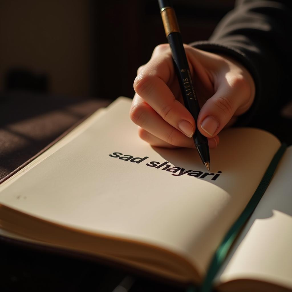 A person writing sad shayari in a journal, with a soft light illuminating the page.