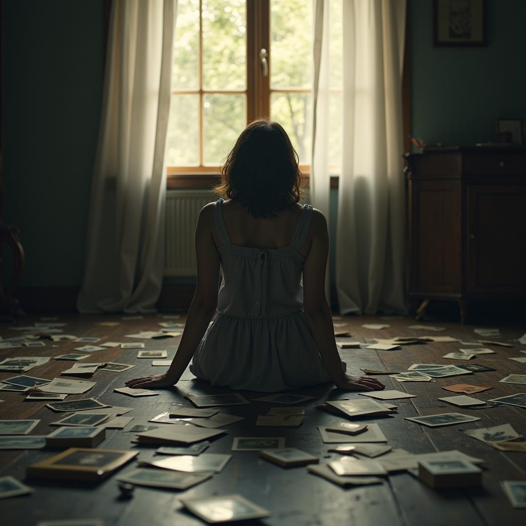 Image depicting a solitary figure looking at old photos, reminiscing about past friendships.