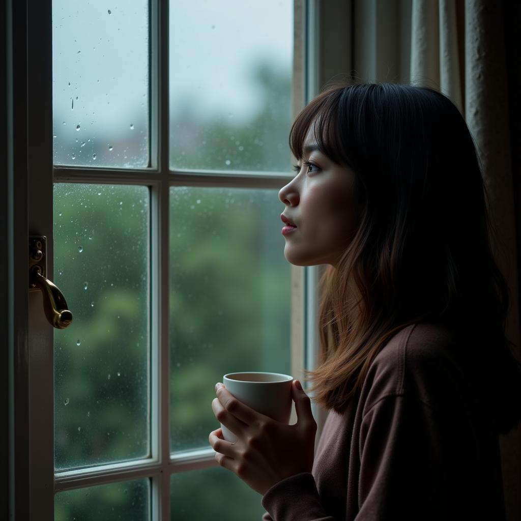 Woman with pensive expression looking out window, reflecting sad shayari mood.