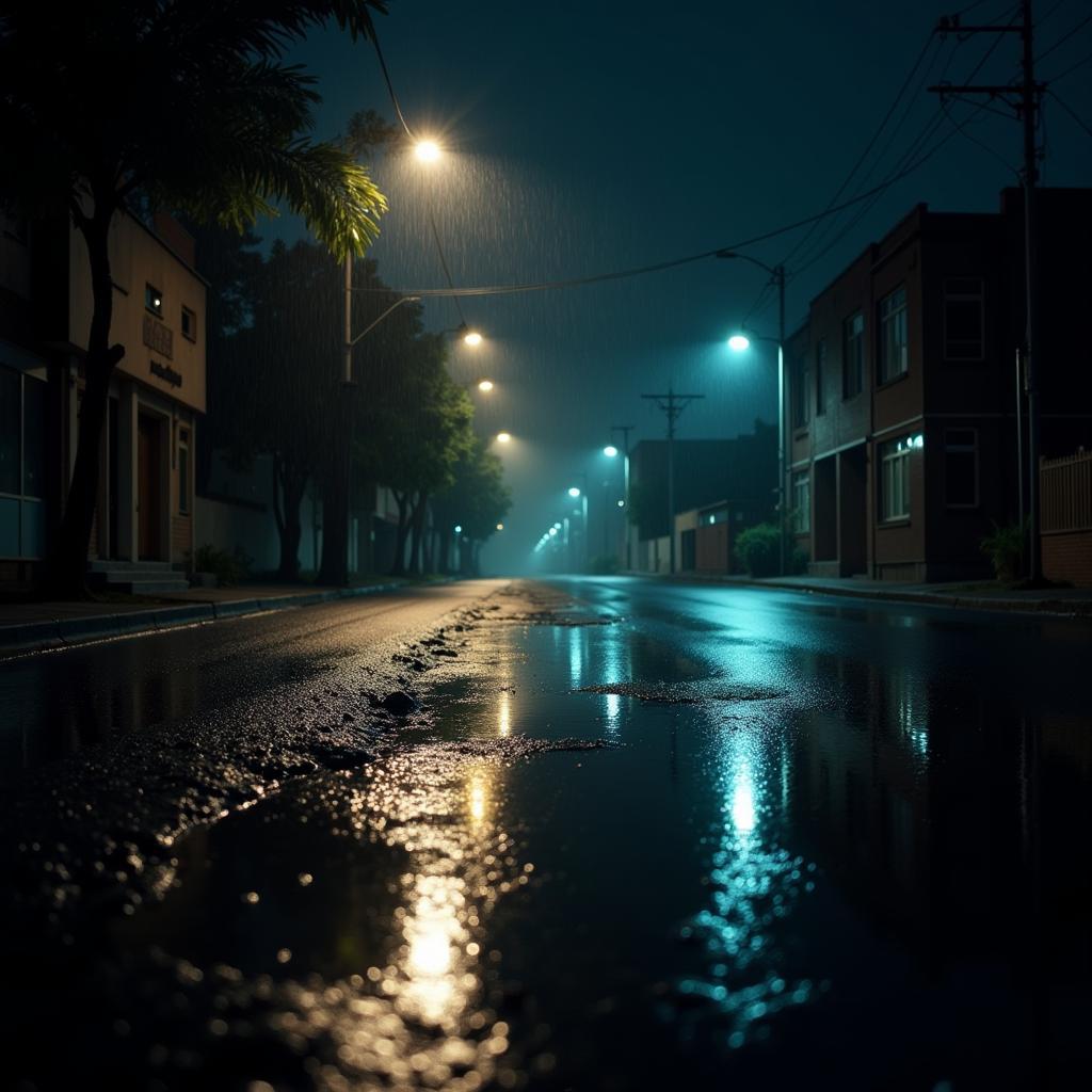 A rain-soaked street at night, reflecting the sadness and loneliness of heartbreak.