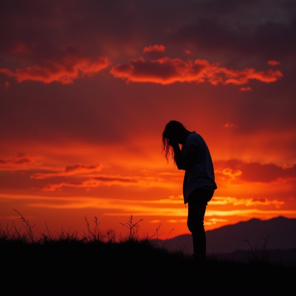 Silhouette of a lonely figure against a sunset backdrop, embodying the feeling of heartbreak and loss.