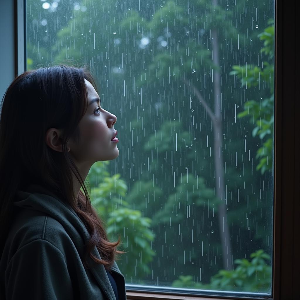 A woman looking out a rain-streaked window with a Hindi sad shayari about tears and rain overlaid.