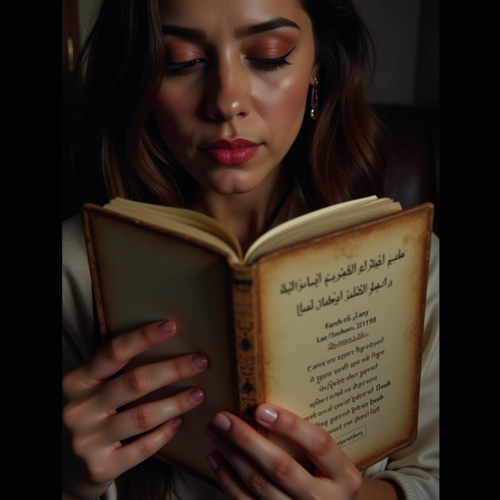 Sad Urdu Poetry in Hindi Script: A woman reading a book of Urdu poetry, tears in her eyes.