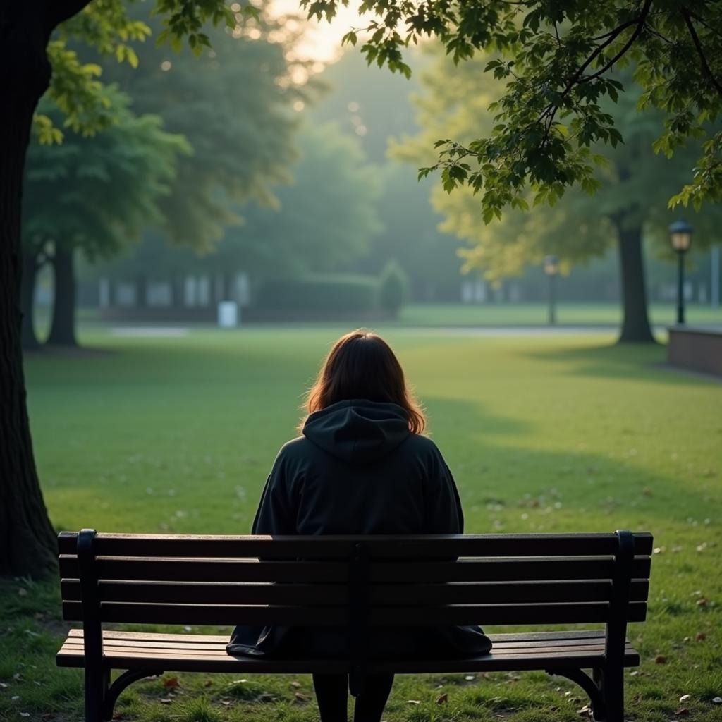 Single person sitting on a bench, contemplating life, reflecting the solitude often depicted in shayari