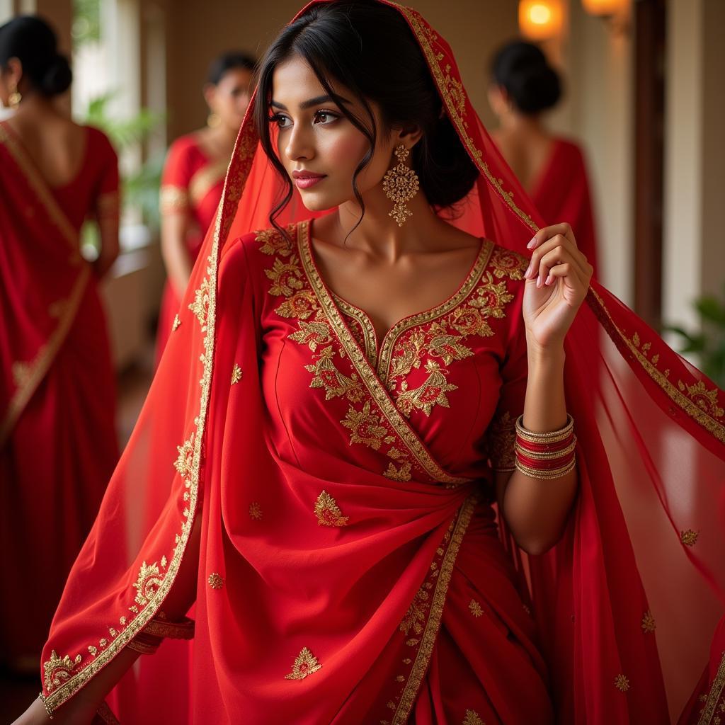 Woman in a flowing red saree, adorned with golden embroidery, representing the beauty and elegance that saree shayari often describes.