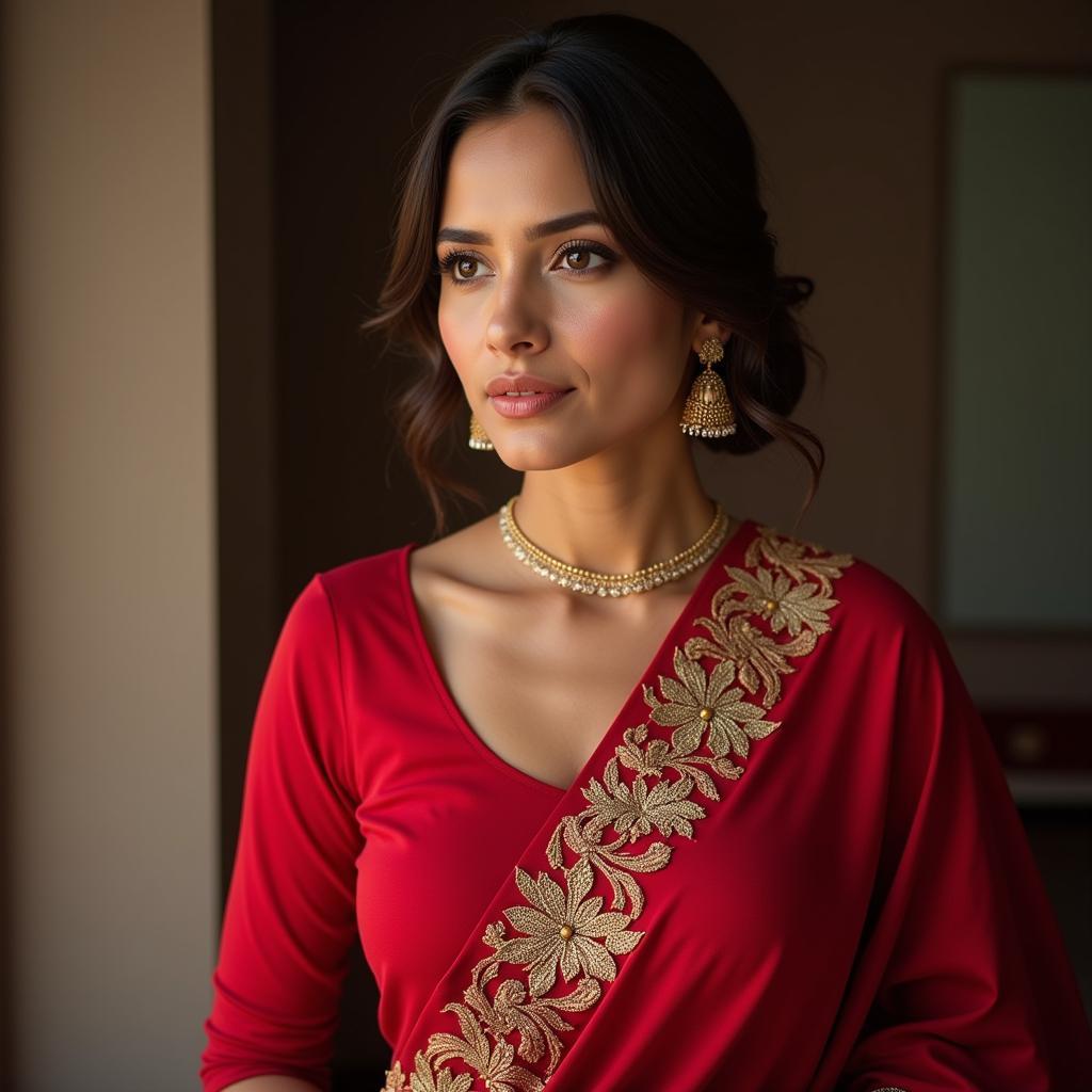 A woman gracefully draped in a vibrant red saree, embodying the timeless elegance and cultural richness of the garment.