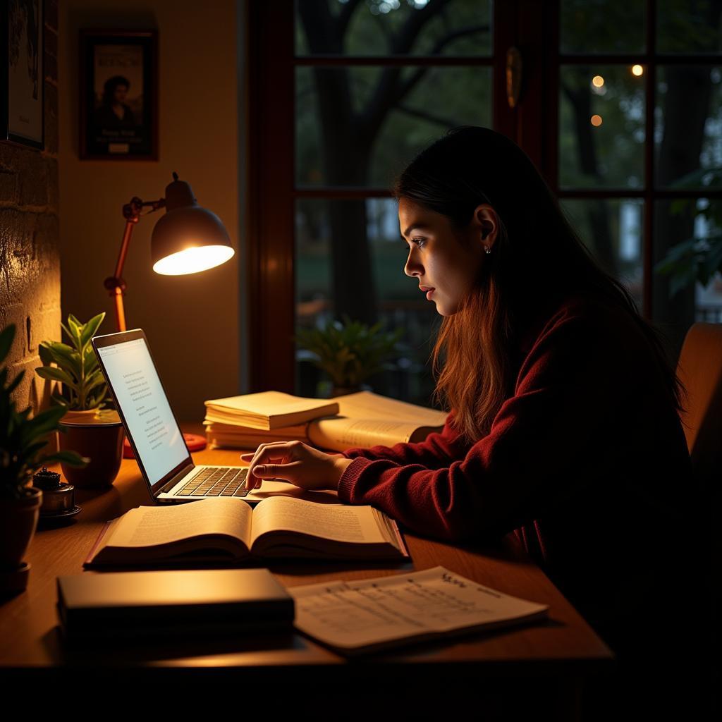 Person searching for shayari on a laptop, surrounded by books and notes.