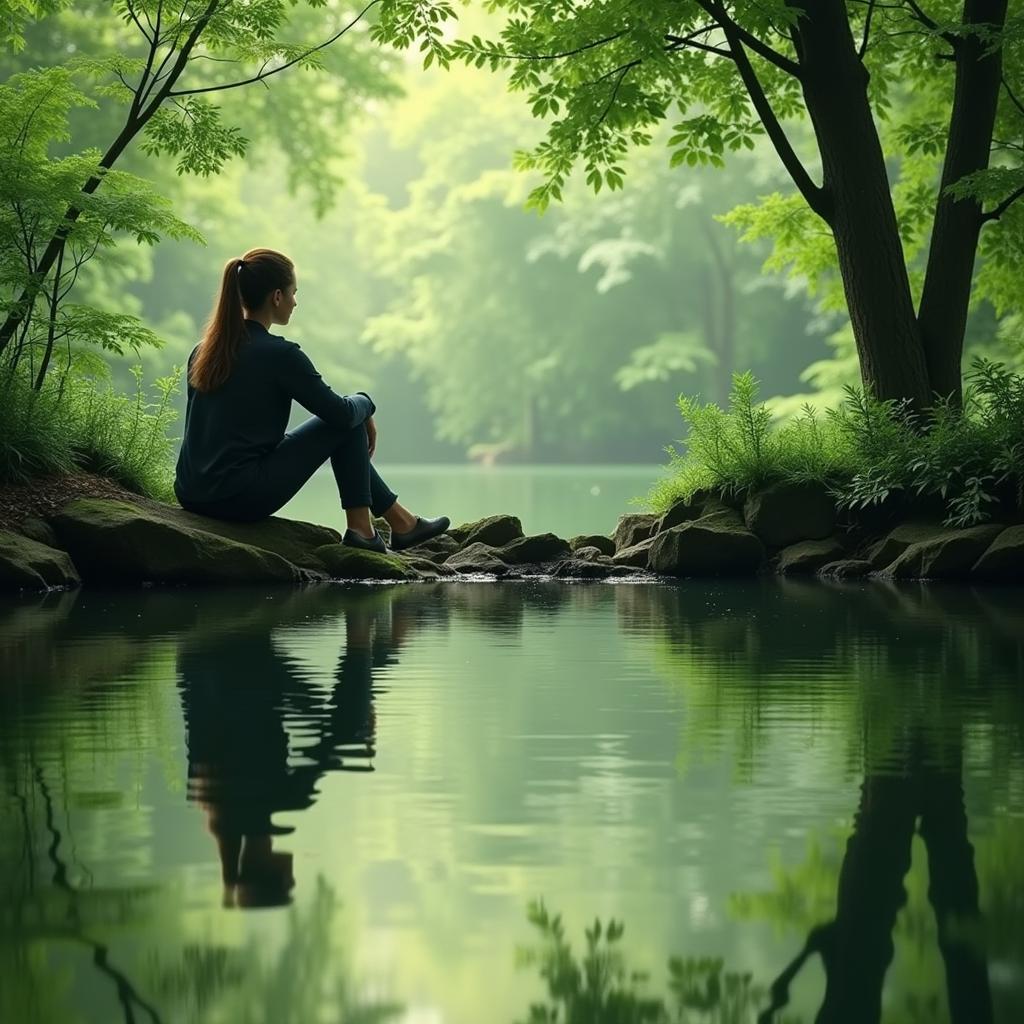 Self-Reflection in Shayari:  A visual depiction of a person gazing at their reflection in a still pond, surrounded by lush greenery, symbolizing the introspective journey facilitated by "me galat hu shayari".