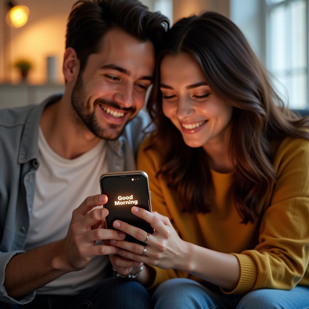 A happy couple looking at a phone displaying a good morning message, smiling at each other.