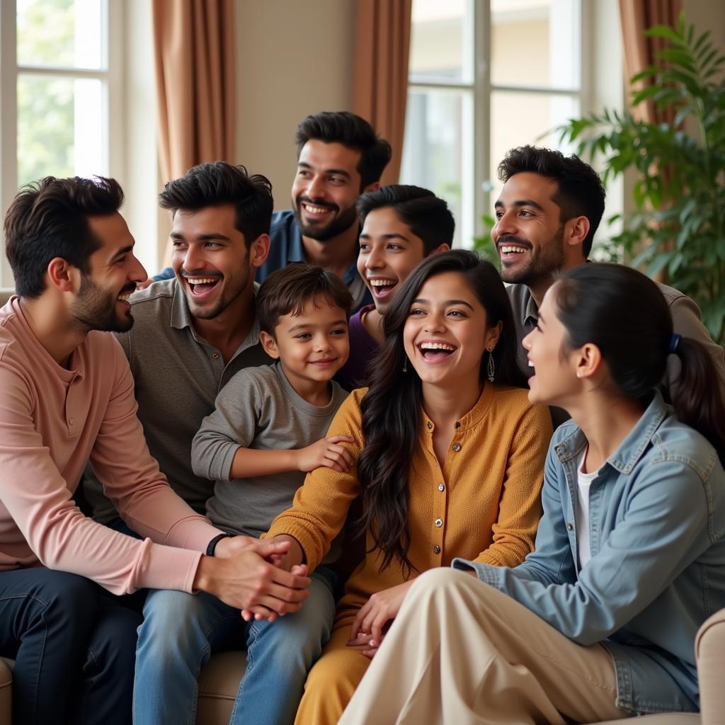 Modern family gathering depicting seven brothers and one sister interacting warmly.