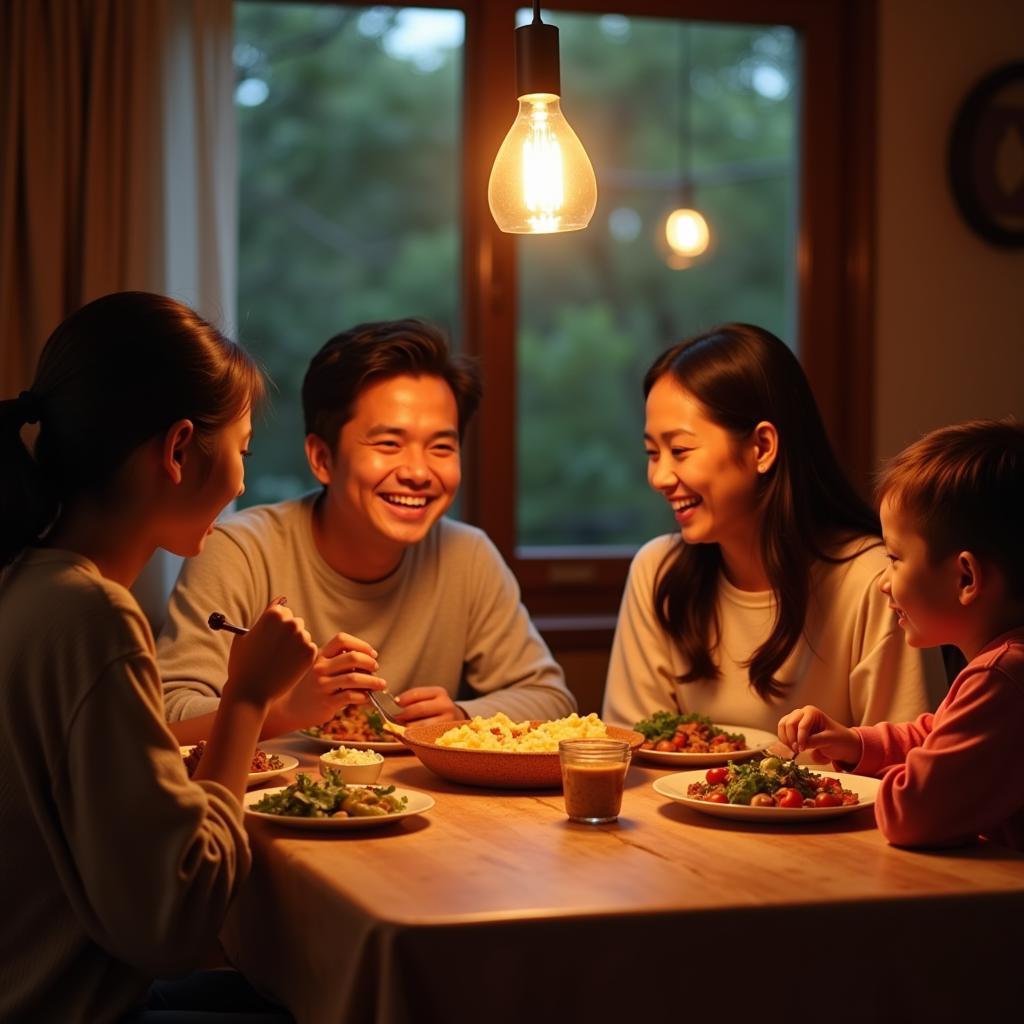 Family Sharing: Depiction of family members sharing a meal and conversing warmly