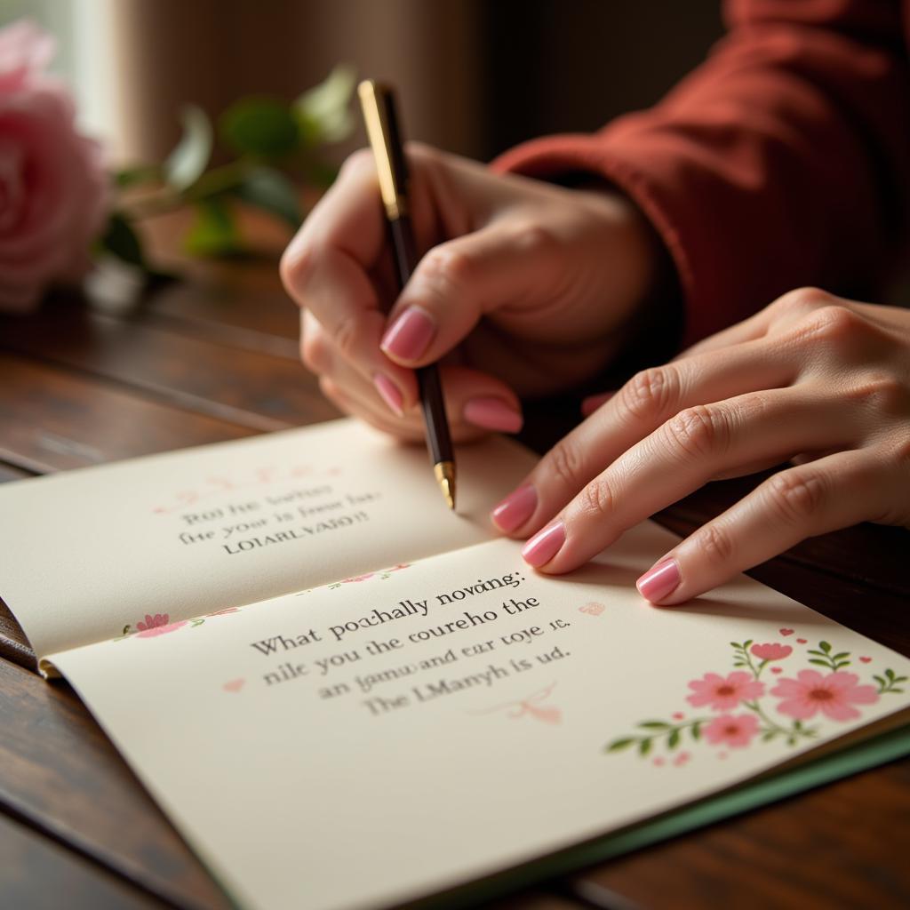 Sharing Love Shayari: A woman writing a heartfelt message in a greeting card.