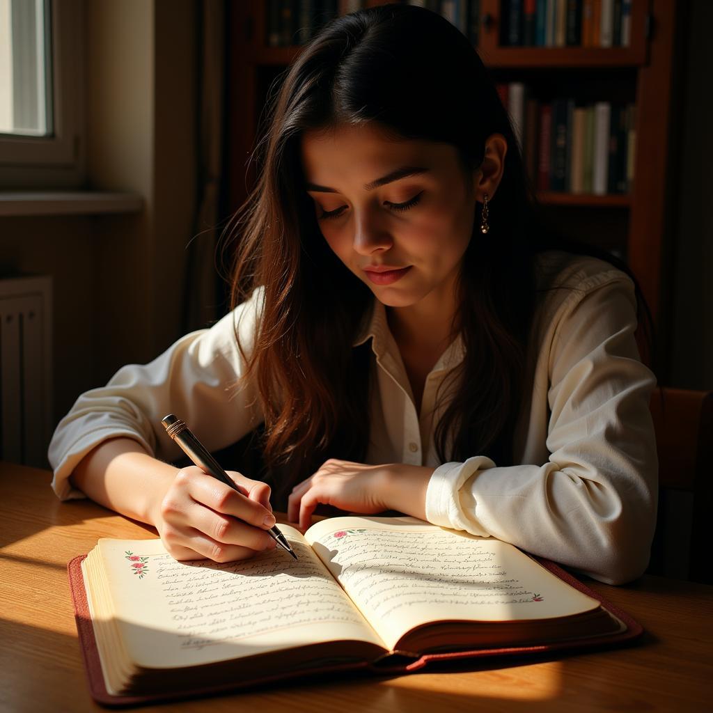 Woman Writing in a Diary Filled with Shayari