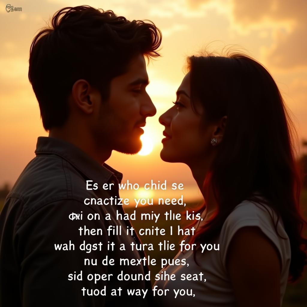 Romantic couple gazing at each other lovingly, with a Hindi shayari overlaid on the image