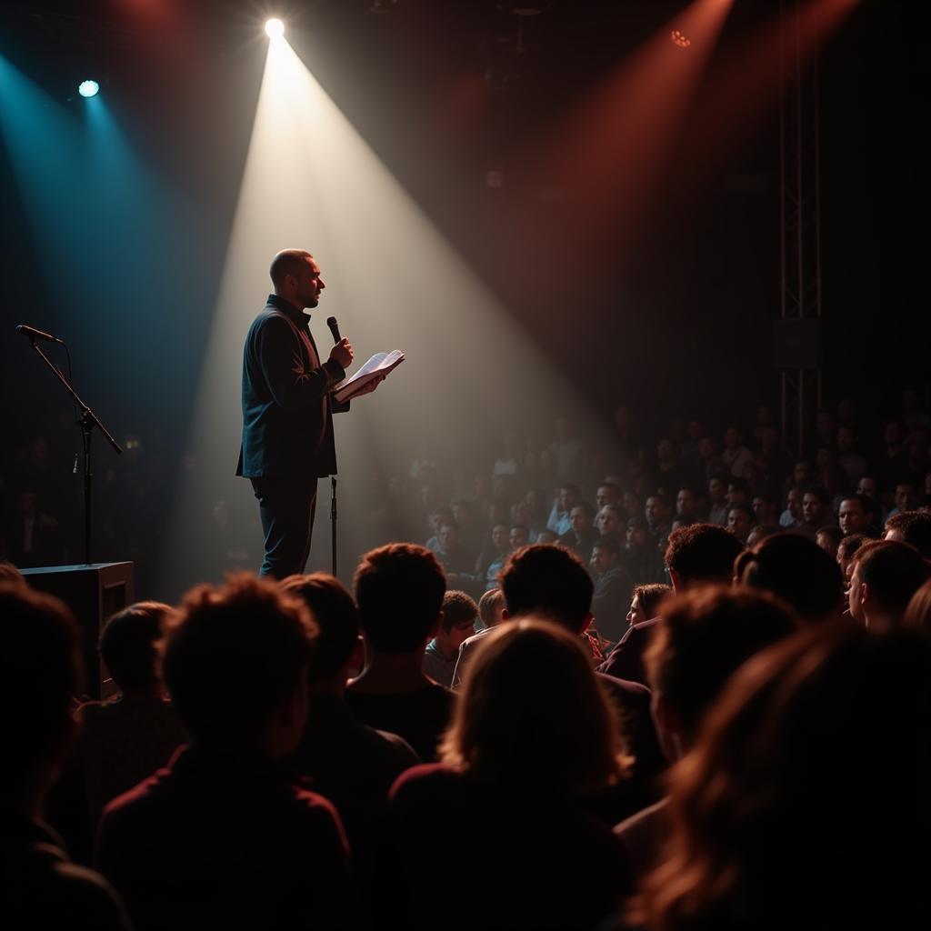 A poet performing shayari on stage at an open mic night.