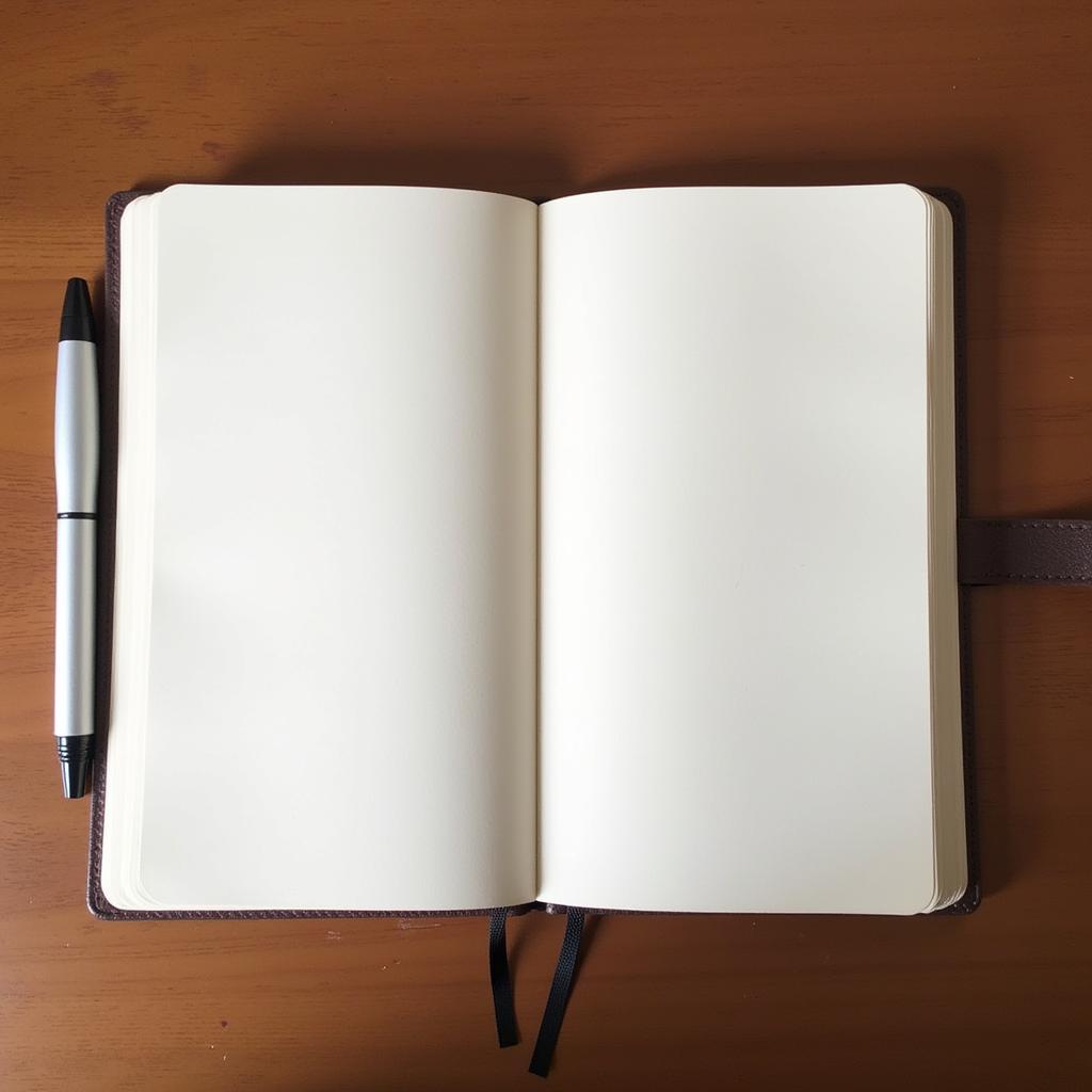 A notebook and pen on a wooden table, ready for writing shayari.