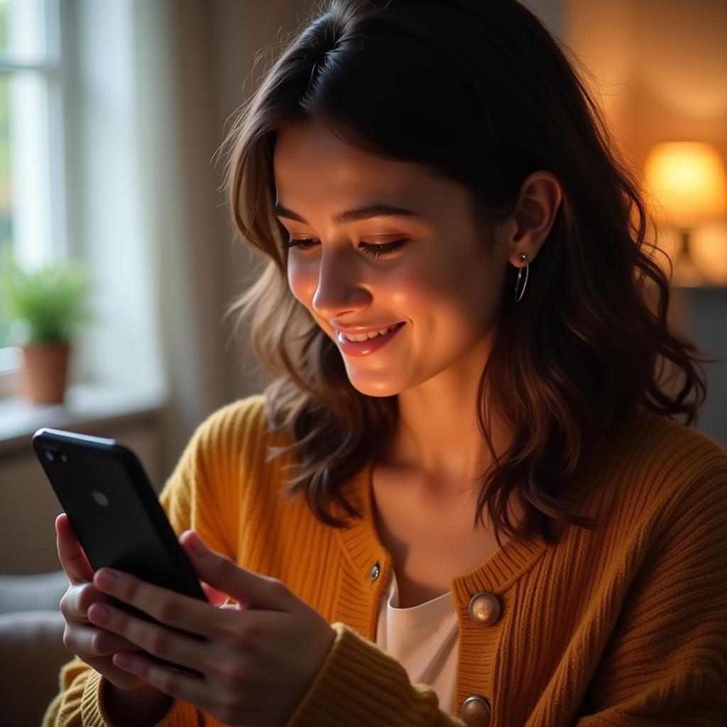 A young woman smiling while looking at her phone, showcasing a Hindi status update about simplicity and happiness.