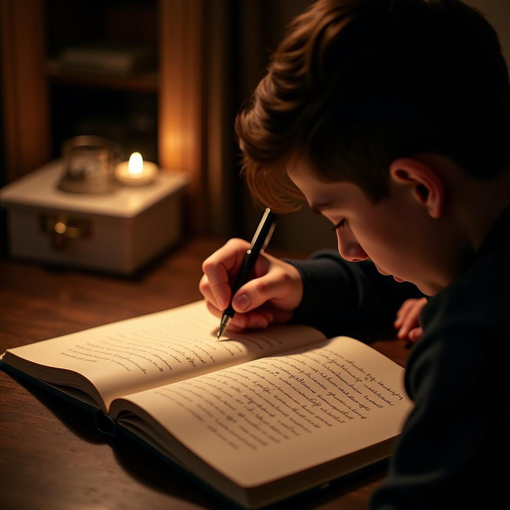 Single boy writing shayari in a notebook