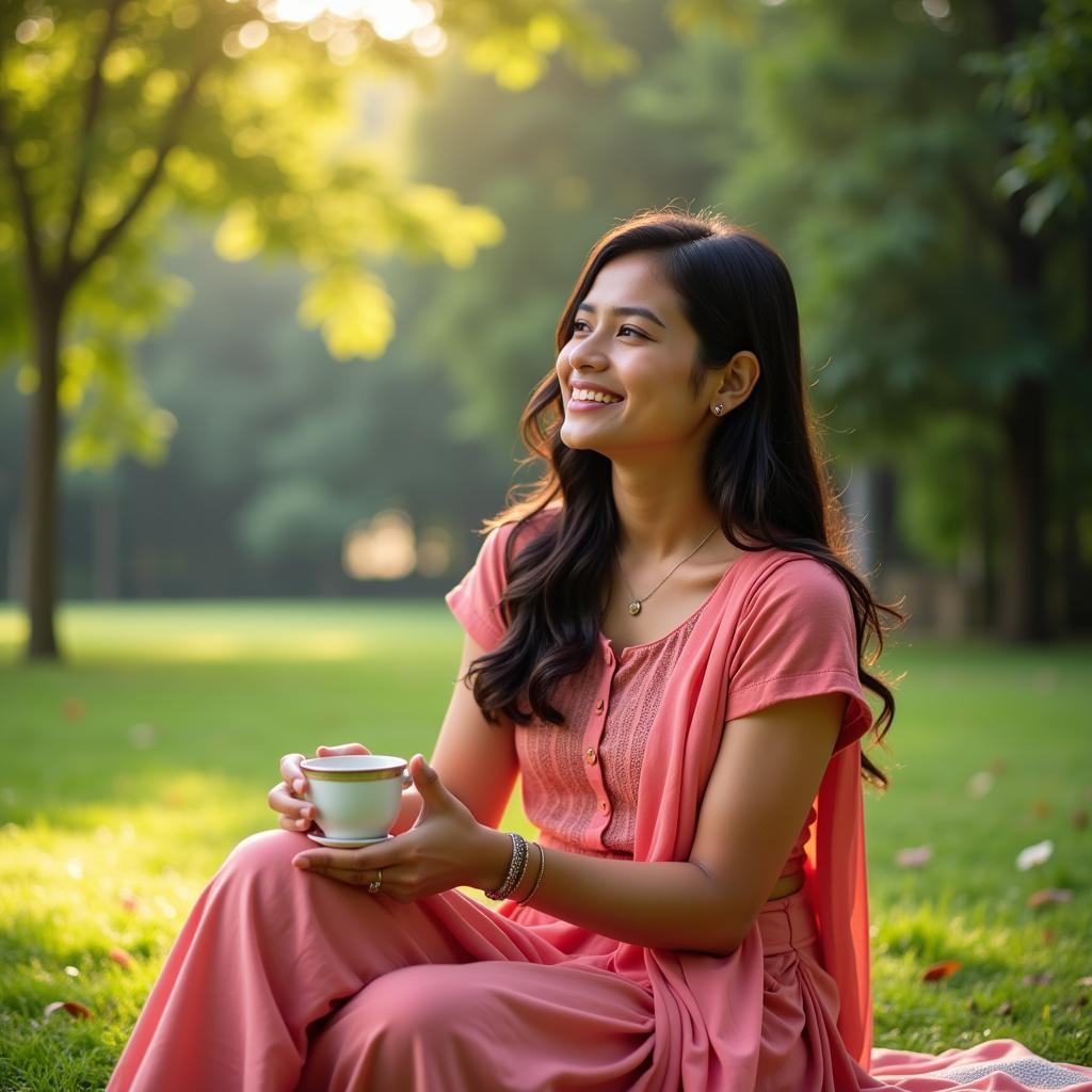 A young Indian woman smiling to herself