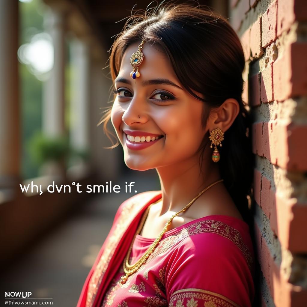 Smiling woman with Hindi caption