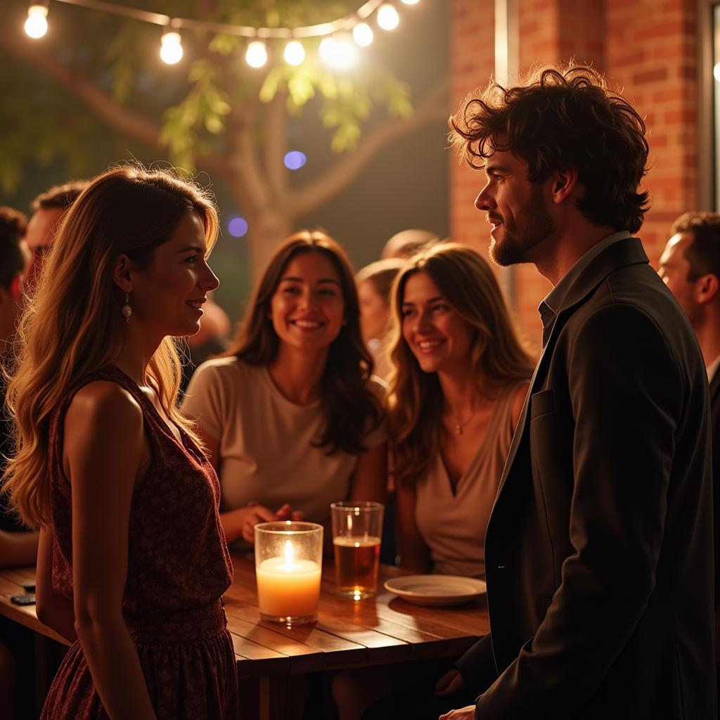 A group of couples socializing, with a single person looking on.