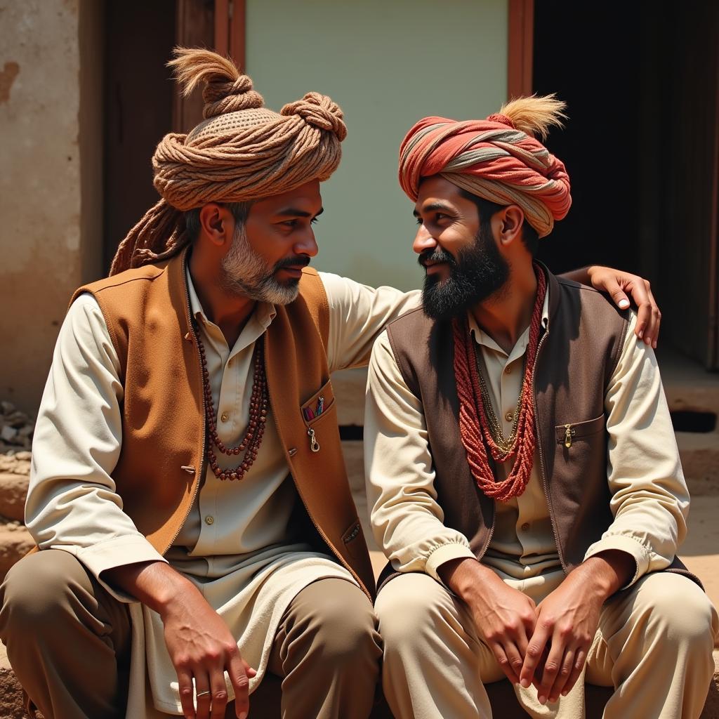 Two South Asian men having a deep conversation, demonstrating the cultural importance of shared experiences and unspoken understanding, as often reflected in mard ka dard quotes.