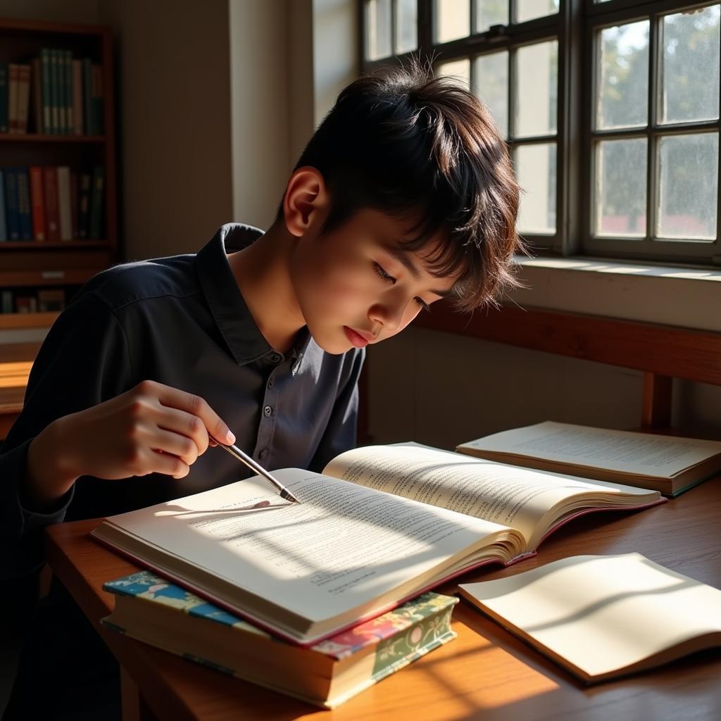 Student reading a book of Hindi shayari in a library