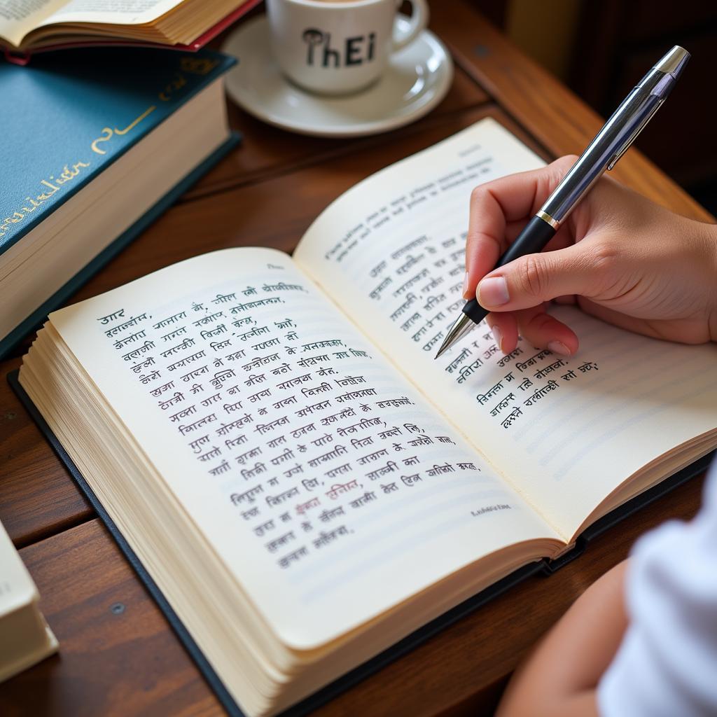 Student writing Hindi shayari in their notebook