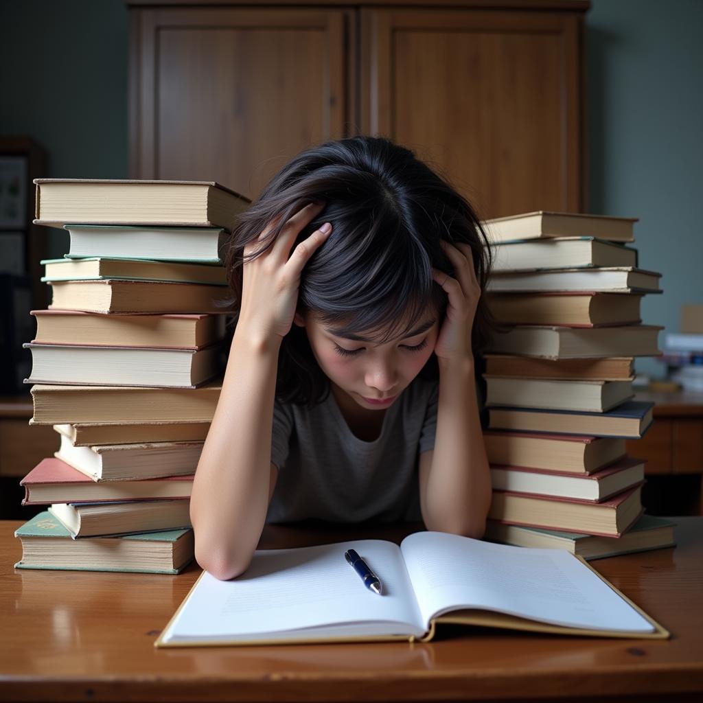 Student struggling with books, feeling stressed about exams, expressing emotions through shayari in English.