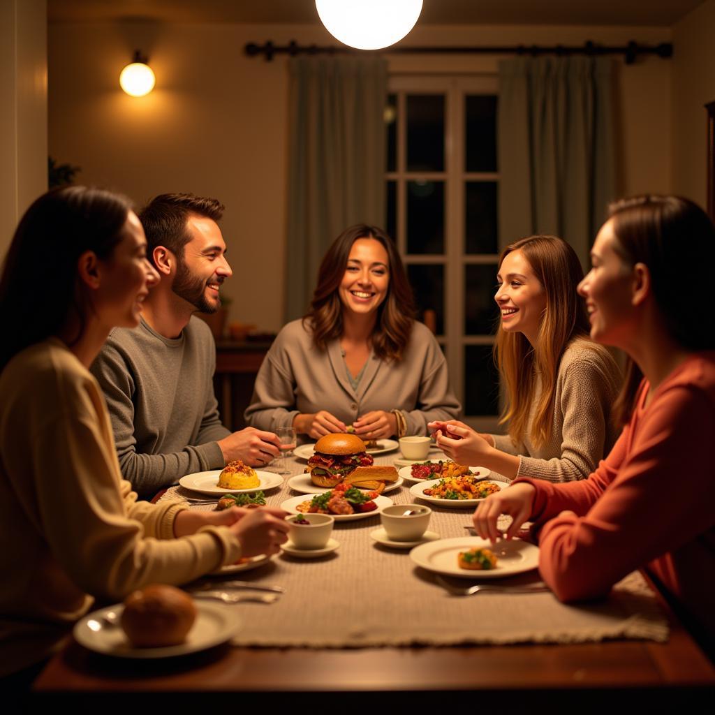 Family enjoying dinner together, laughing and talking, oblivious to the time passing.