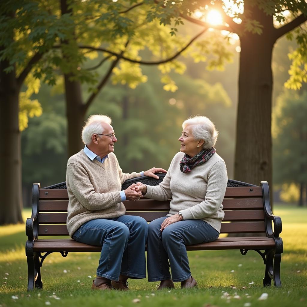 Timeless Love: Elderly couple holding hands, enjoying a quiet moment.